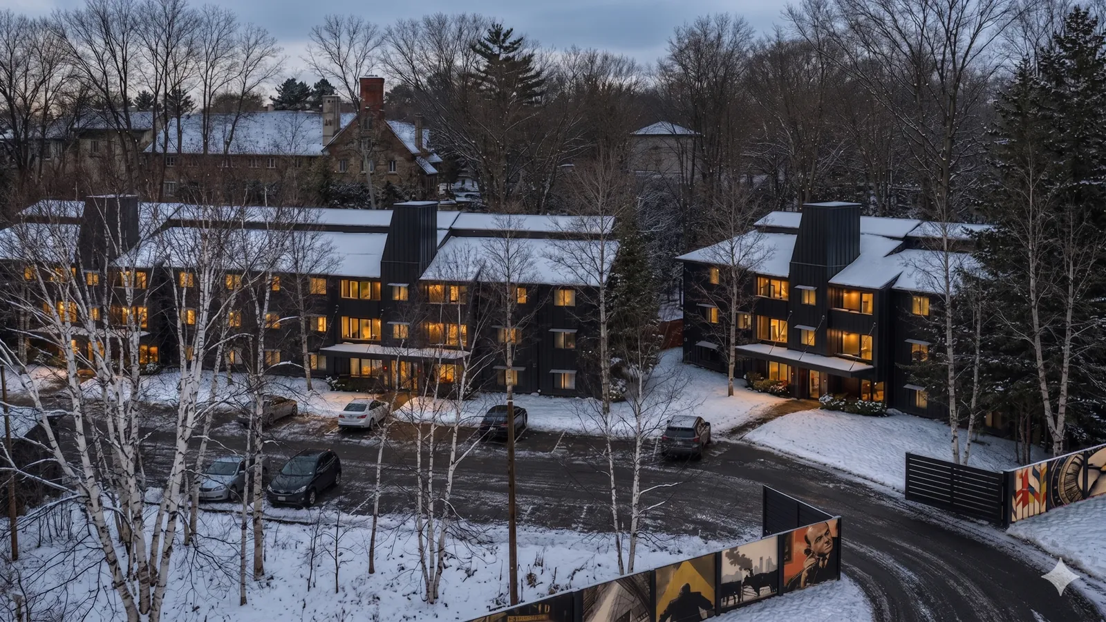 Aerial view of the 709 Baker House apartments in winter