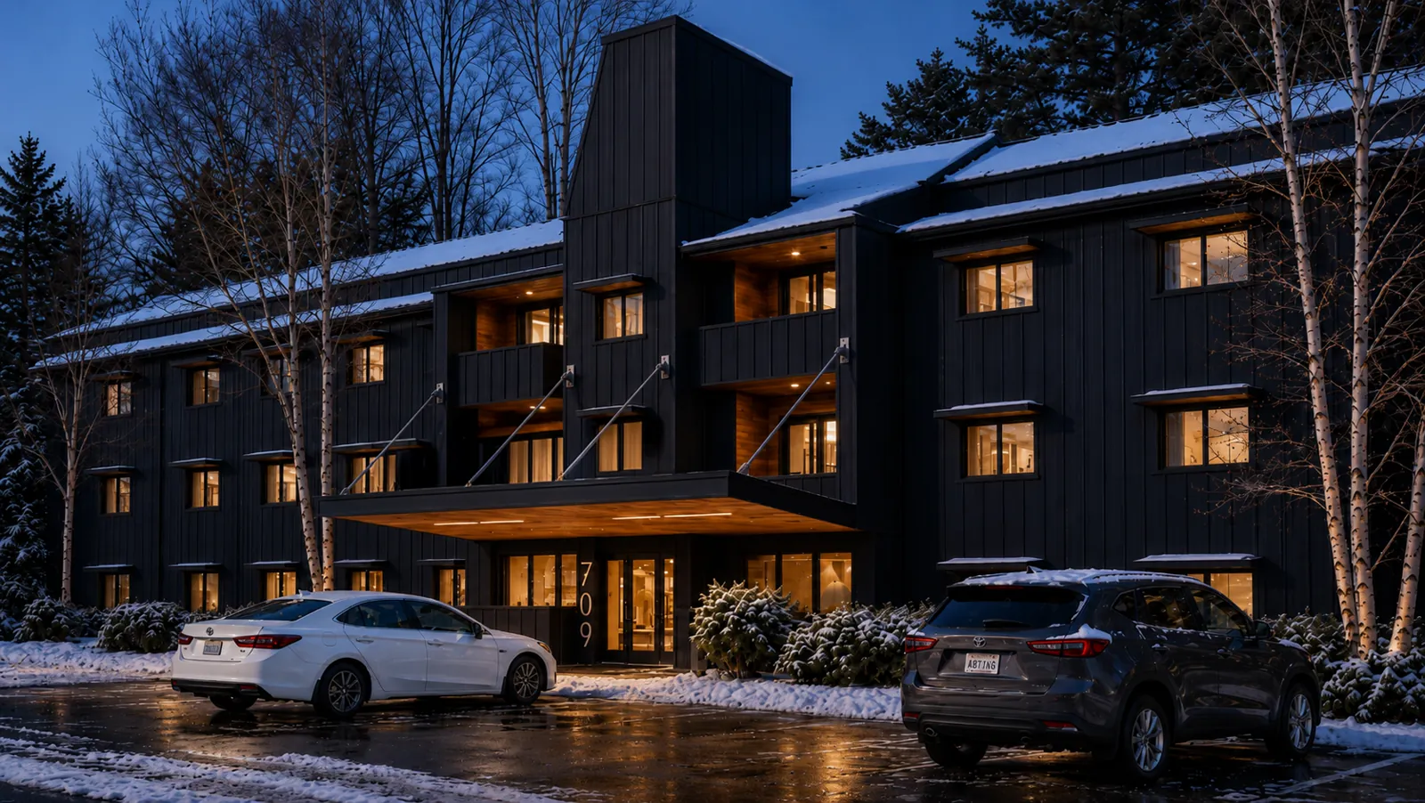 The 709 Baker House apartment building at dusk