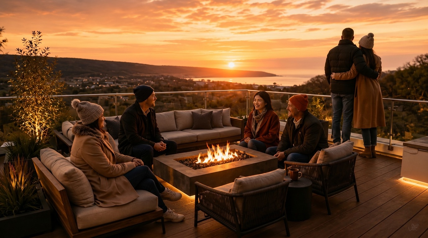Members on the Baker House rooftop terrace at sunset overlooking the lake