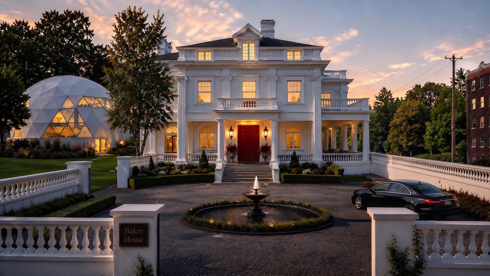 The Baker House — the white mansion at 702 University Avenue at dusk