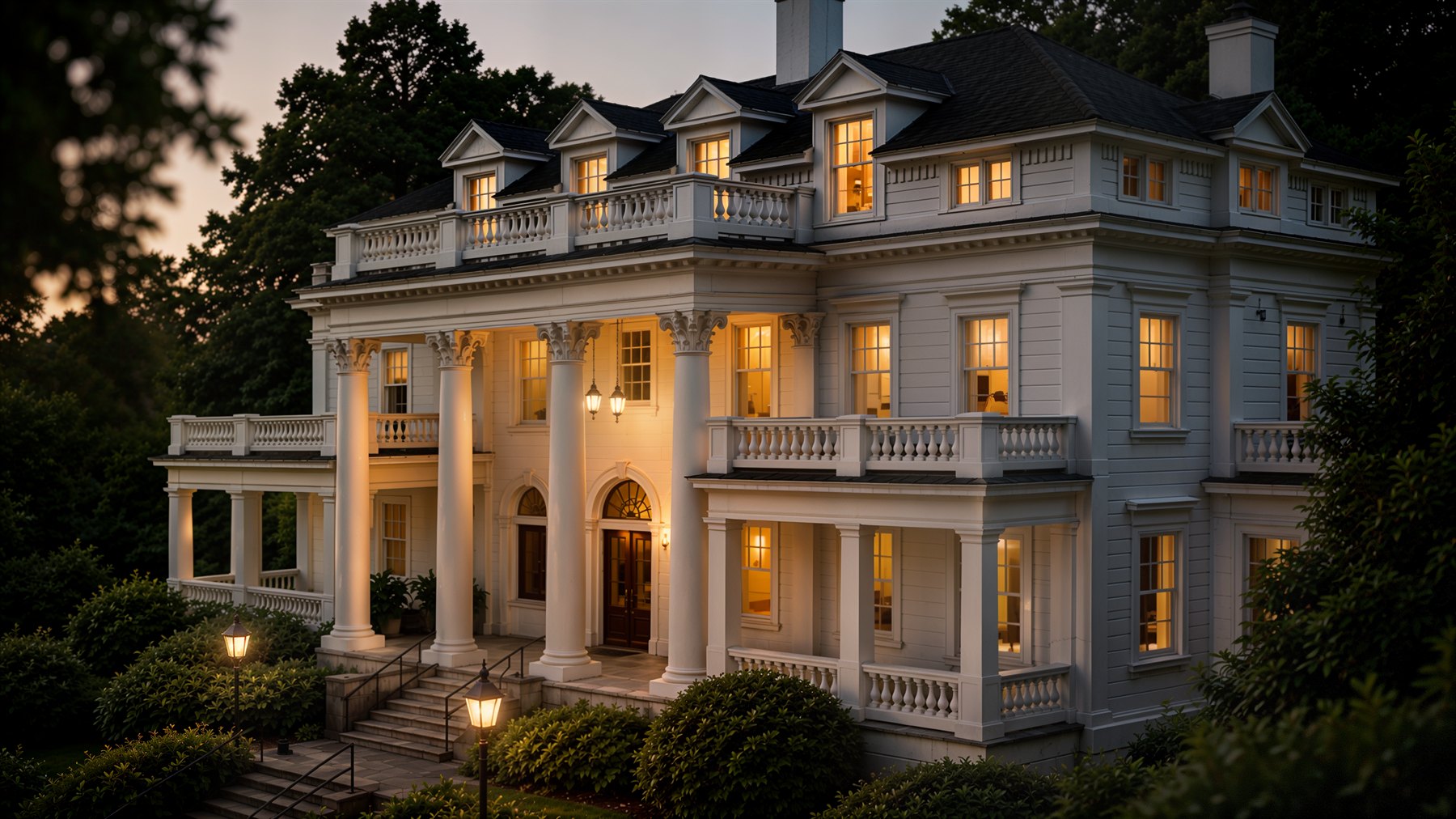 The Baker House mansion at 702 University Avenue at golden hour