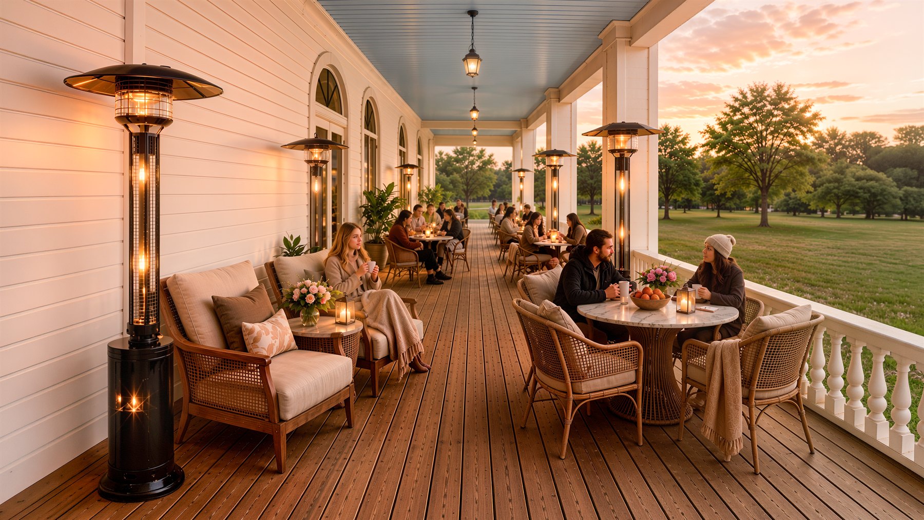 The Baker House porch at dusk — members lounging with patio heaters and a view of the grounds