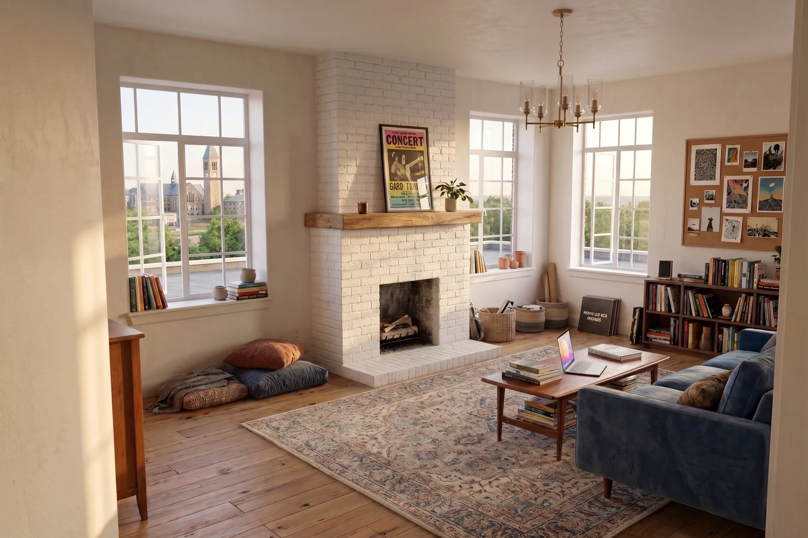 Baker House apartment interior with fireplace and Cornell view