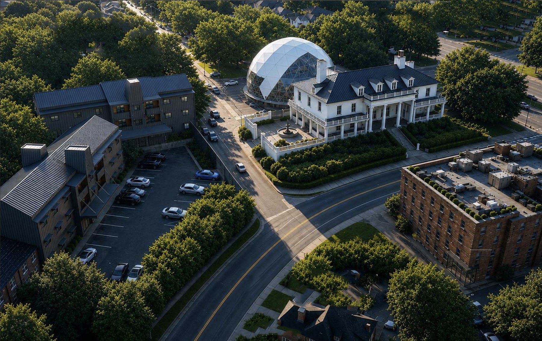Aerial view of the Baker House campus — the white mansion, geodesic dome, and member apartments