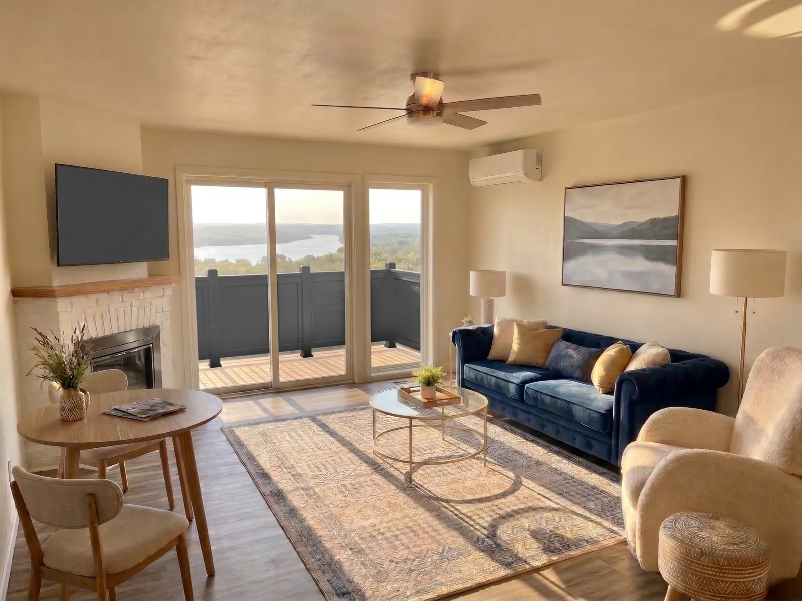 Baker House apartment living room with balcony and lake view