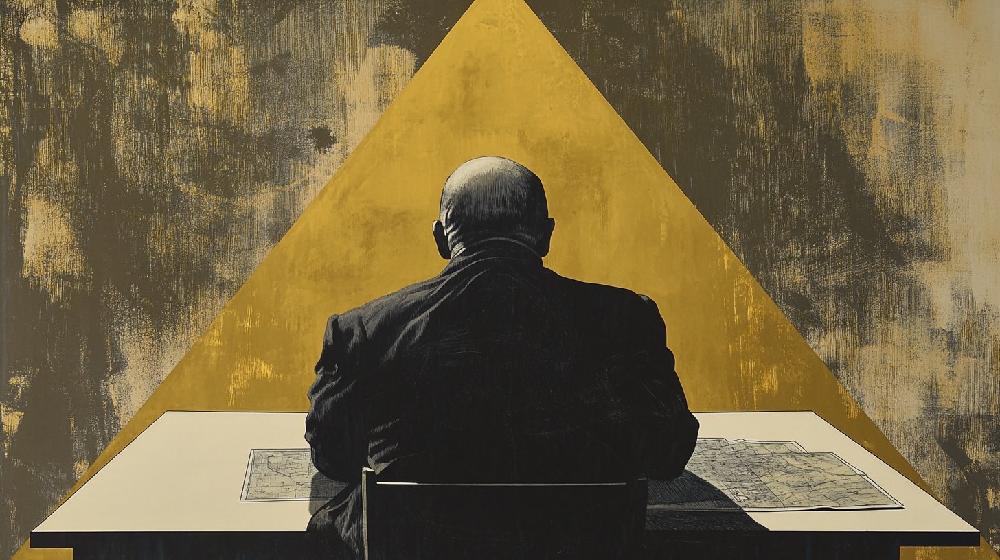 An executive at his desk before the city skyline