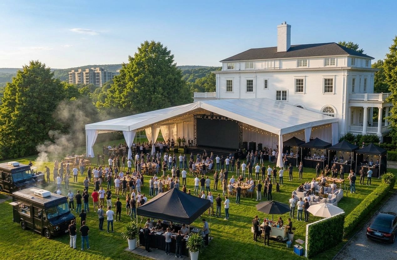 The Baker House Challenge from above &mdash; the lit tent, big screen and food trucks on the lawn at dusk beside the lodge