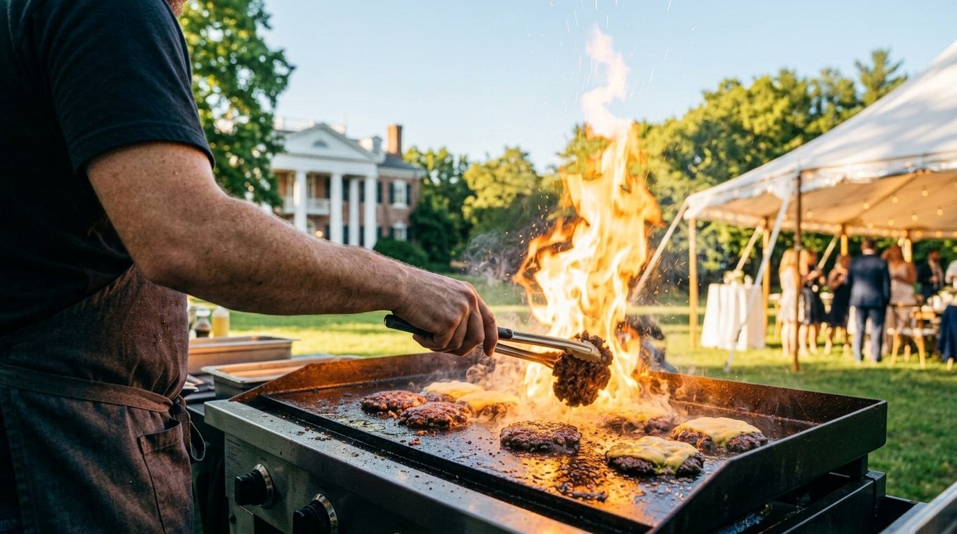 Smash burgers flaming on the grill under the string lights