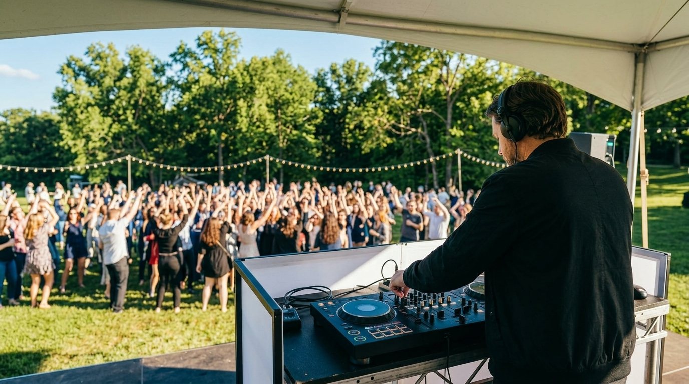 The DJ at the decks under the tent as the lawn crowd dances
