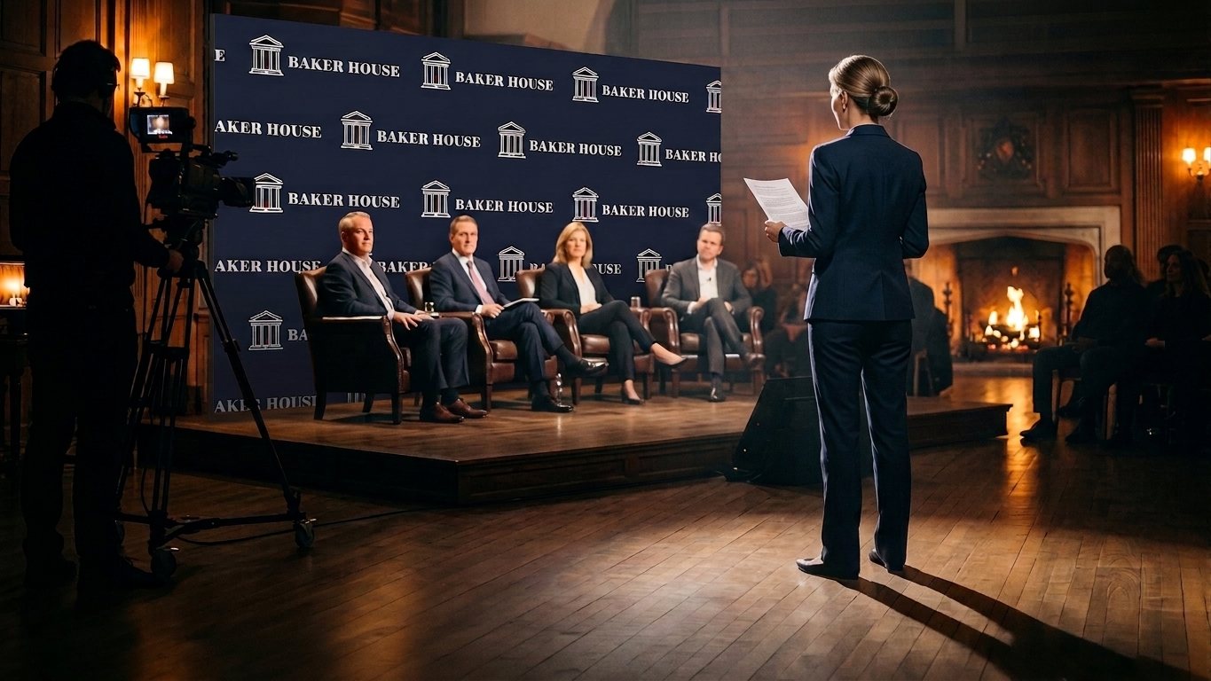 A founder pitching live to the judges inside the Baker House great hall