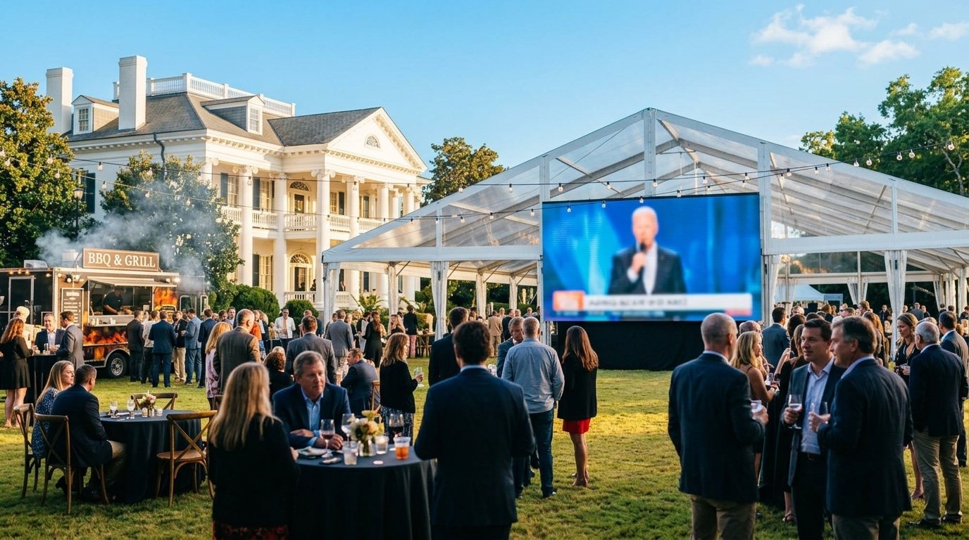 The live stream on the big screen over the lawn beside the BBQ truck